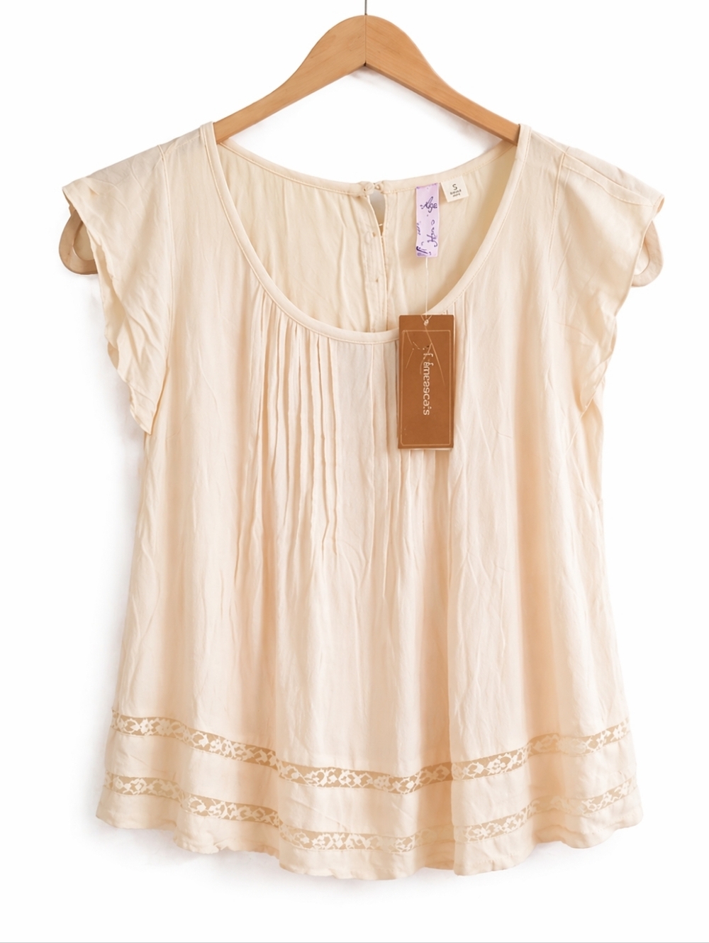 NWT Francesca's Alya Small Cream Pleated Gauzy Lace Trim Blouse Boho Top